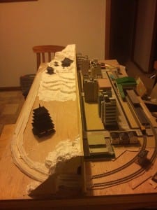 half-painted japan-themed model railroad