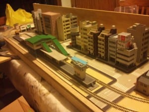 station, buildings, and roads of japan-themed railroad model