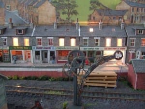 Storefronts on the model railroad layout.