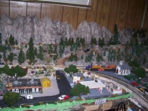 Mountains overlooking the town of the model train layout.