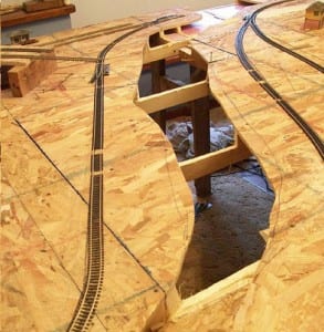 Holes between train tracks on the model railroad layout.