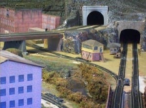 Buildings and tunnels on the model railroad layout.