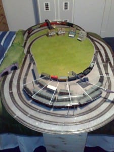 High tech model railroad with houses, view from the top.