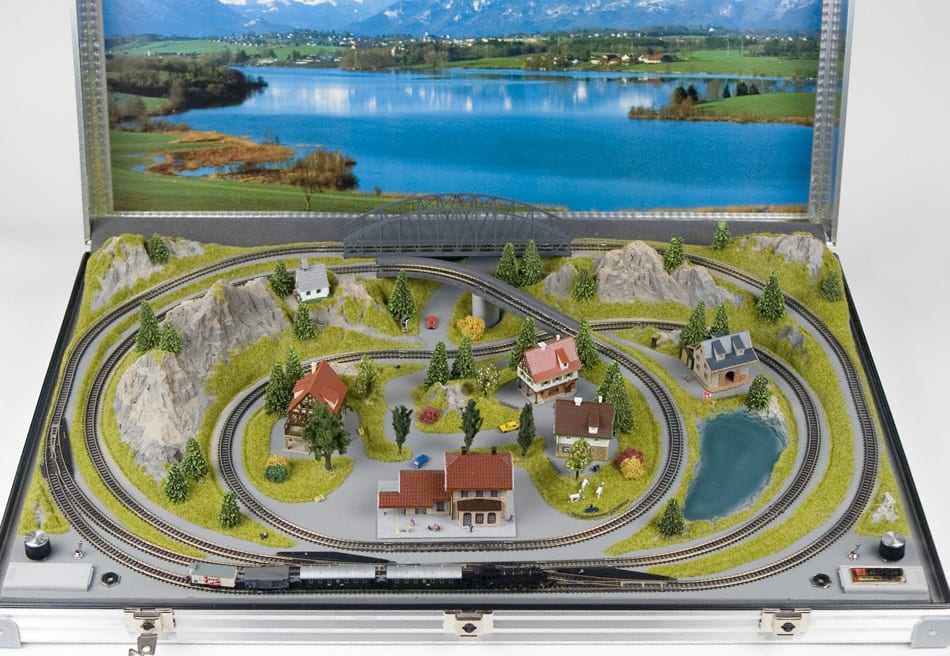 Z scale train layout built into a briefcase