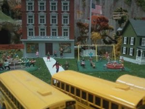 Scenery of a school on the model railroad