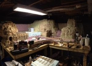 Painted mountains of the model railroad from a distance