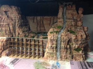 bridge, waterfall, and valley on the railroad model layout
