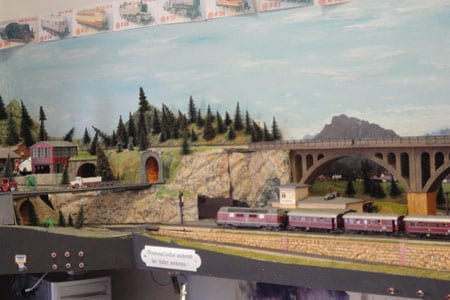 Tunnel under a hill of pine trees with trucks and model train.