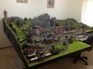 Bird's-eye view of the model railroad layout's city. 