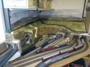mountains and cloudy sky backdrop of model railroad