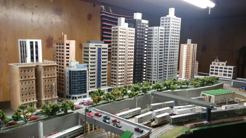 urban n scale 4x8 layout with skyscraper cityscape