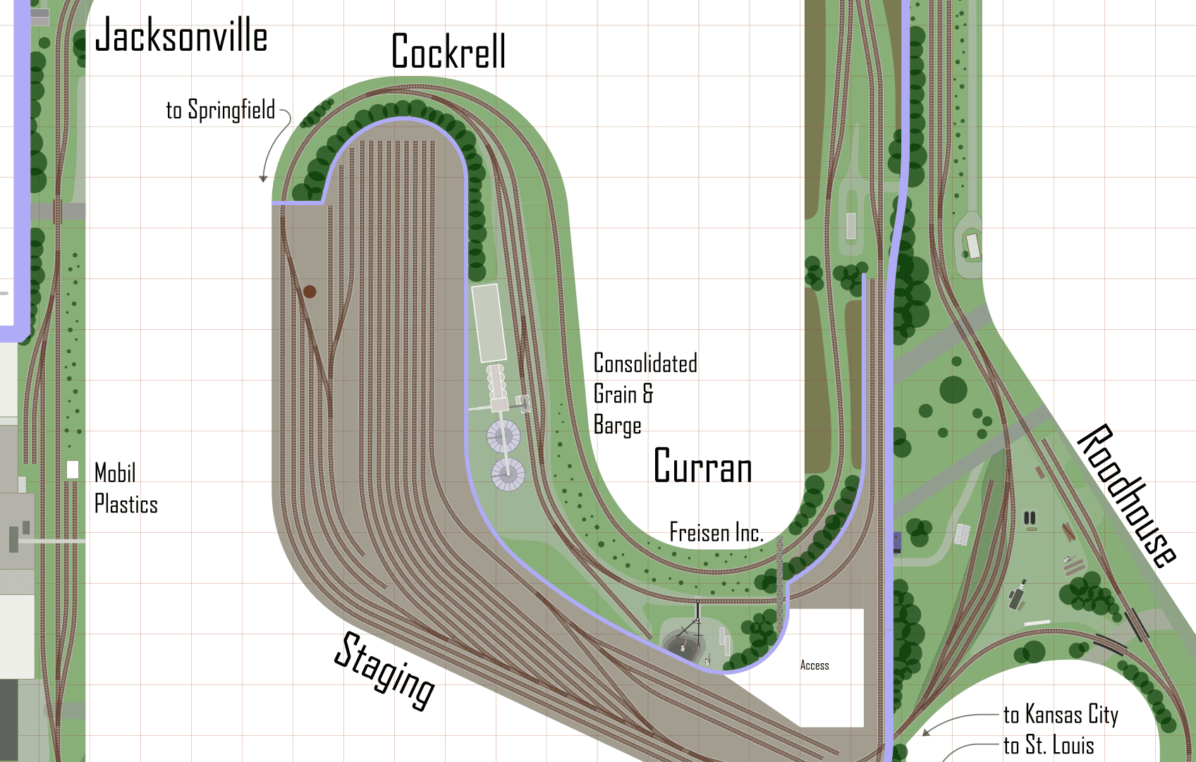 AnyRail track plan of an HO scale layout with sidings and a yard drawn in the AnyRail editor