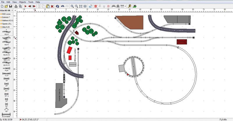 Atlas Track Planning Software interface showing an HO layout with a turntable and industrial sidings