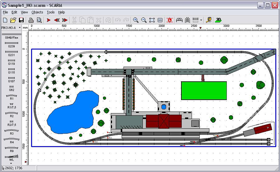 SCARM 2D track plan editor showing an HO scale layout with a pond and turntable