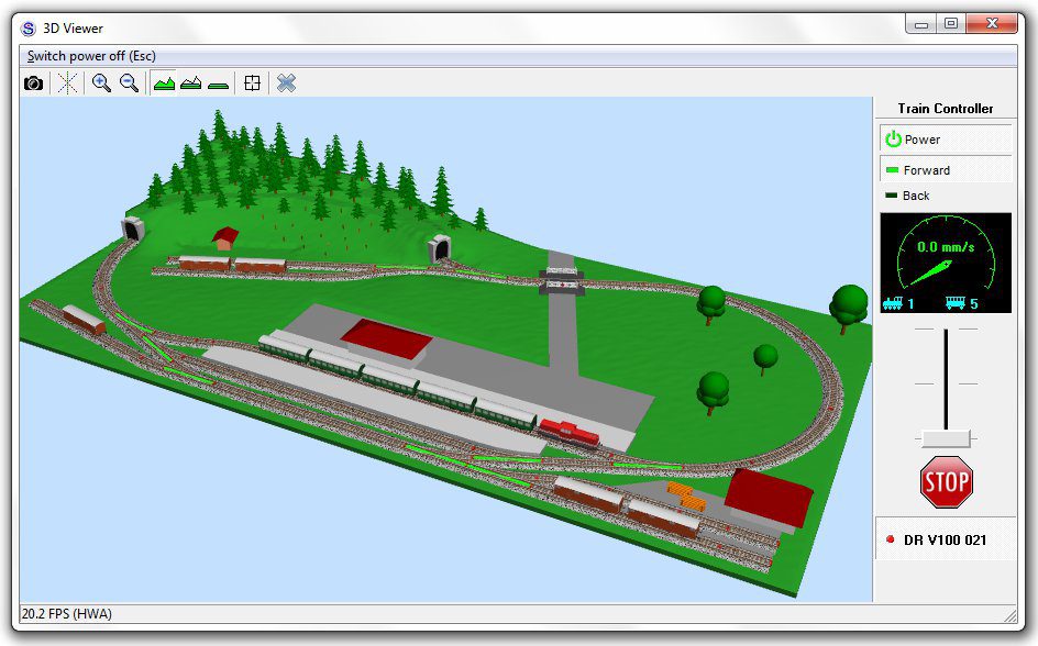 SCARM Model Trains Simulator 3D view of a train running through a tunnel and past a station