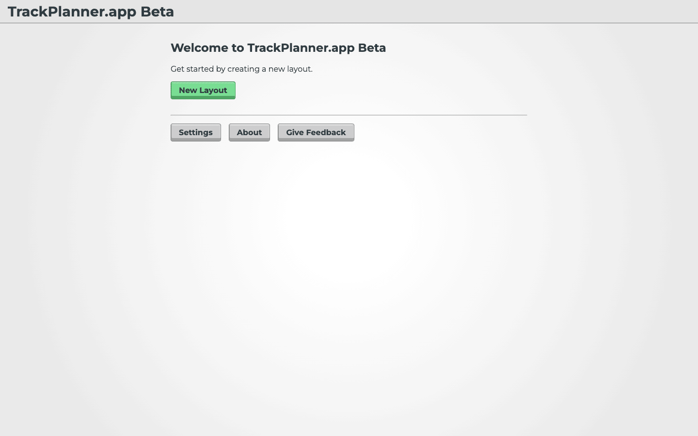 TrackPlanner.app browser-based start screen with the New Layout button