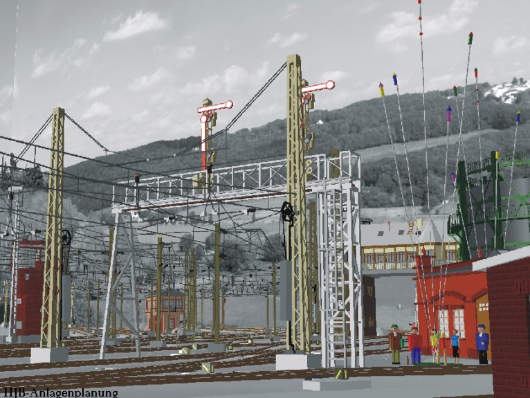 WinTrack 3D rendering of catalog signal gantries and overhead wire above a station throat