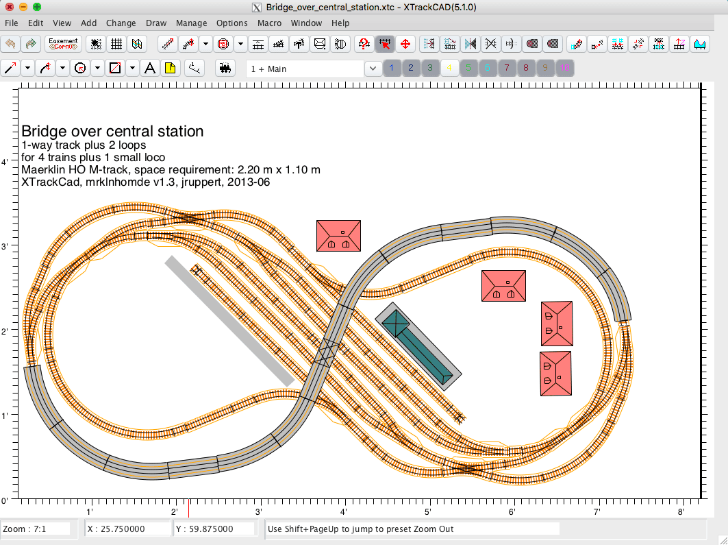 XTrackCAD screenshot of a figure-eight HO track plan with a bridge over a central station