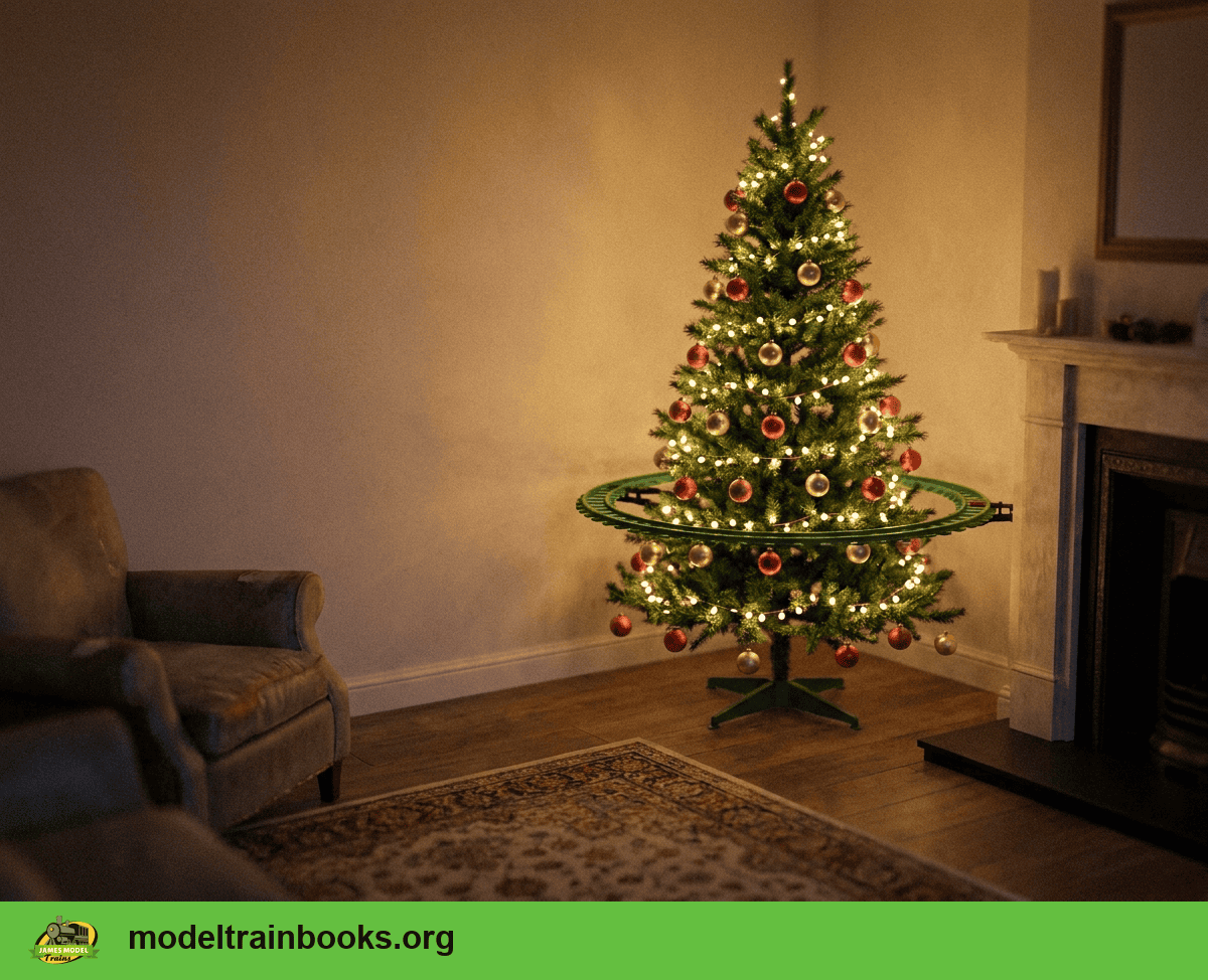 Illustration of an artificial Christmas tree with a closed ring of green toy track around the trunk and no train