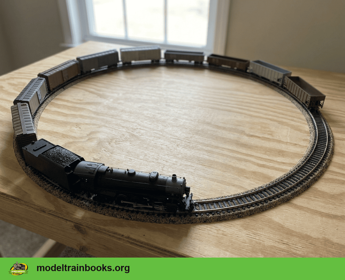 A black HO steam locomotive and tender pulling a long freight train around a closed loop of track on a plywood table